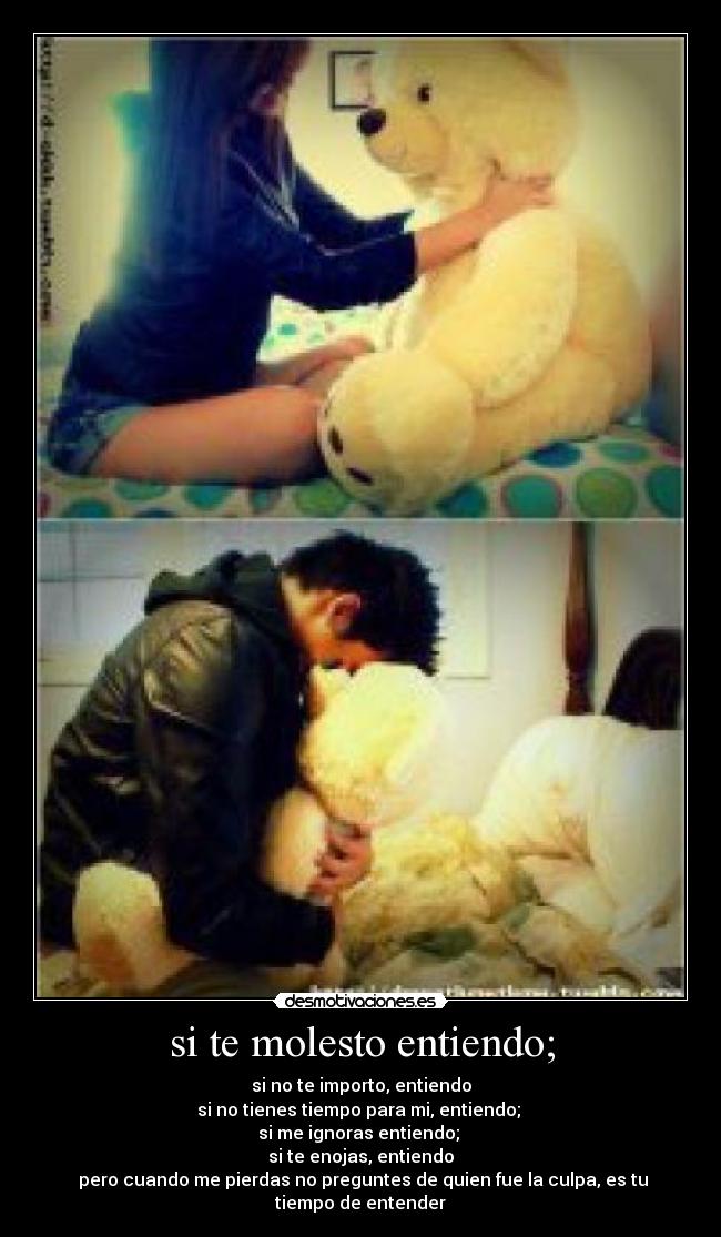 si te molesto entiendo; - si no te importo, entiendo
si no tienes tiempo para mi, entiendo;
si me ignoras entiendo;
si te enojas, entiendo
pero cuando me pierdas no preguntes de quien fue la culpa, es tu tiempo de entender