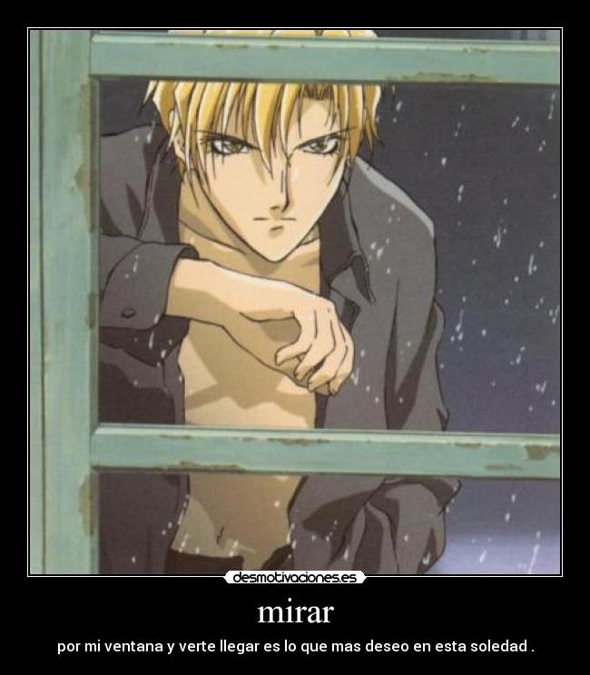 mirar - por mi ventana y verte llegar es lo que mas deseo en esta soledad .