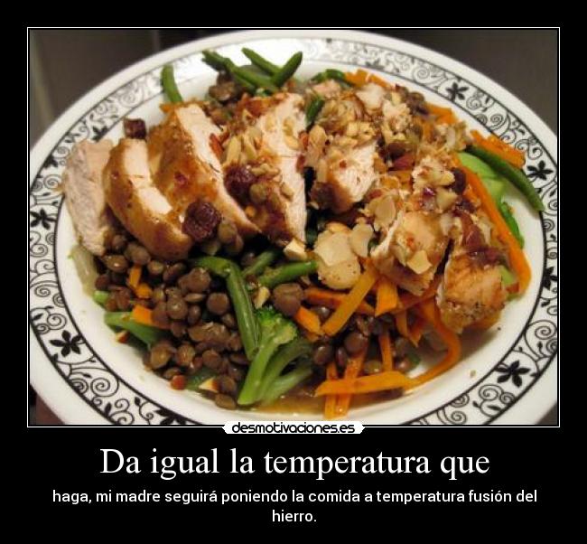 Da igual la temperatura que - haga, mi madre seguirá poniendo la comida a temperatura fusión del hierro.