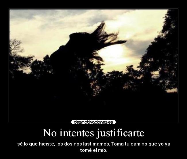 No intentes justificarte - sé lo que hiciste, los dos nos lastimamos. Toma tu camino que yo ya tomé el mío.