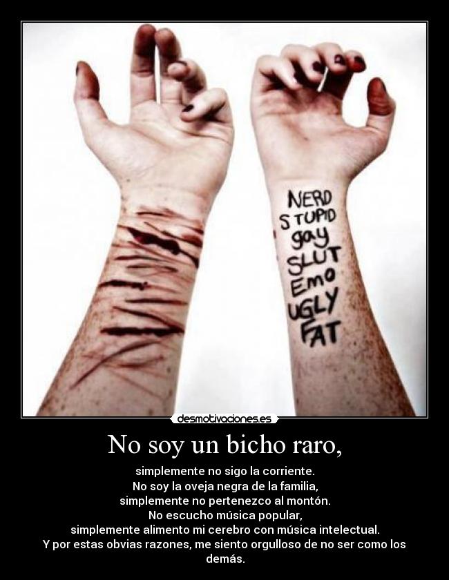 No soy un bicho raro, - simplemente no sigo la corriente.
No soy la oveja negra de la familia,
simplemente no pertenezco al montón.
No escucho música popular,
simplemente alimento mi cerebro con música intelectual.
Y por estas obvias razones, me siento orgulloso de no ser como los demás.