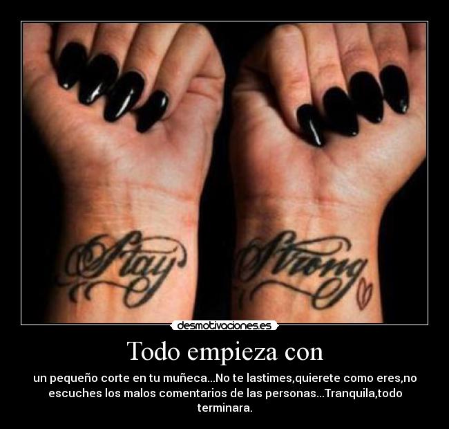 Todo empieza con - un pequeño corte en tu muñeca...No te lastimes,quierete como eres,no
escuches los malos comentarios de las personas...Tranquila,todo
terminara.