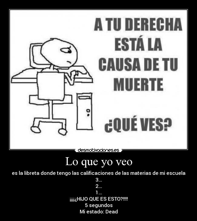 Lo que yo veo - es la libreta donde tengo las calificaciones de las materias de mi escuela
3...
2...
1...
¡¡¡¡¿HIJO QUE ES ESTO?!!!!
5 segundos
Mi estado: Dead