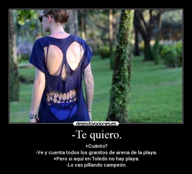-Te quiero. - +Cuánto?
-Ve y cuenta todos los granitos de arena de la playa.
+Pero si aquí en Toledo no hay playa.
-Lo vas pillando campeón.