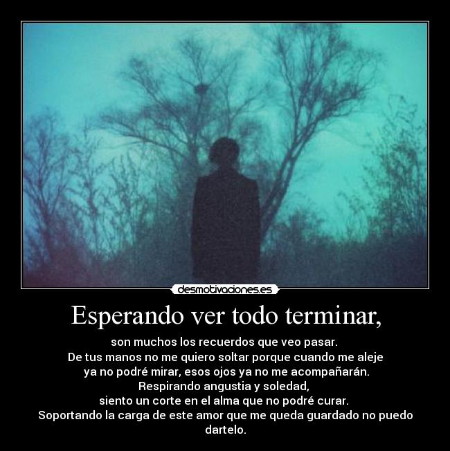 Esperando ver todo terminar, - son muchos los recuerdos que veo pasar. 
De tus manos no me quiero soltar porque cuando me aleje
 ya no podré mirar, esos ojos ya no me acompañarán.
Respirando angustia y soledad, 
siento un corte en el alma que no podré curar. 
Soportando la carga de este amor que me queda guardado no puedo dartelo.