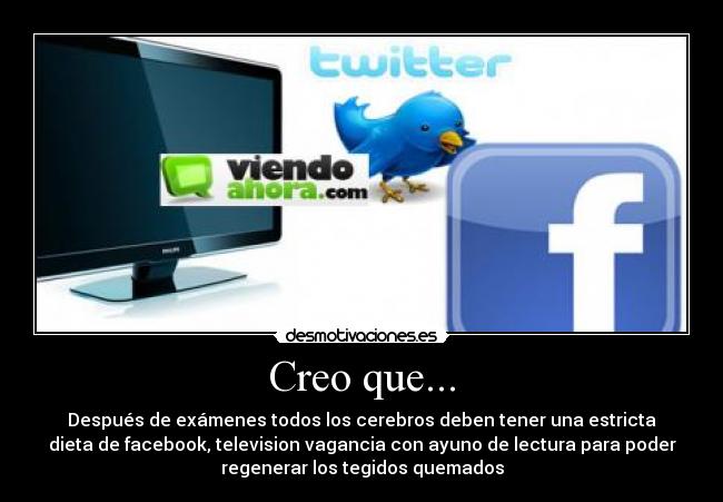 Creo que... - Después de exámenes todos los cerebros deben tener una estricta
dieta de facebook, television vagancia con ayuno de lectura para poder
regenerar los tegidos quemados