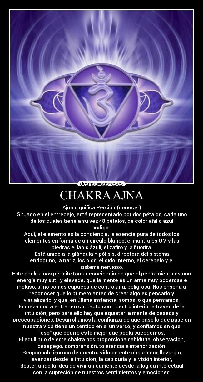 CHAKRA AJNA - Ajna significa Percibir (conocer)
Situado en el entrecejo, está representado por dos pétalos, cada uno
de los cuales tiene a su vez 48 pétalos, de color añil o azul
índigo.
Aquí, el elemento es la conciencia, la esencia pura de todos los
elementos en forma de un círculo blanco; el mantra es OM y las
piedras el lapislázuli, el zafiro y la fluorita.
Está unido a la glándula hipófisis, directora del sistema
endocrino, la nariz, los ojos, el oído interno, el cerebelo y el
sistema nervioso.
Este chakra nos permite tomar conciencia de que el pensamiento es una
energía muy sutil y elevada, que la mente es un arma muy poderosa e
incluso, si no somos capaces de controlarla, peligrosa. Nos enseña a
reconocer que lo primero antes de crear algo es pensarlo y
visualizarlo, y que, en última instancia, somos lo que pensamos.
Empezamos a entrar en contacto con nuestro interior a través de la
intuición, pero para ello hay que aquietar la mente de deseos y
preocupaciones. Desarrollamos la confianza de que pase lo que pase en
nuestra vida tiene un sentido en el universo, y confiamos en que
“eso” que ocurre es lo mejor que podía sucedernos.
El equilibrio de este chakra nos proporciona sabiduría, observación,
desapego, comprensión, tolerancia e interiorización.
Responsabilizarnos de nuestra vida en este chakra nos llevará a
avanzar desde la intuición, la sabiduría y la visión interior,
desterrando la idea de vivir únicamente desde la lógica intelectual
con la supresión de nuestros sentimientos y emociones.
