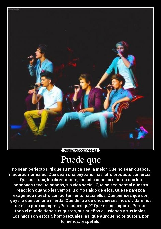 Puede que - no sean perfectos. Ni que su música sea la mejor. Que no sean guapos,
maduros, normales. Que sean una boyband más, otro producto comercial.
Que sus fans, las directioners, tan sólo seamos niñatas con las
hormonas revolucionadas, sin vida social. Que no sea normal nuestra
reacción cuando les vemos, u oímos algo de ellos. Que te parezca
exagerado nuestro comportamiento hacia ellos. Que pienses que son
gays, o que son una mierda. Que dentro de unos meses, nos olvidaremos
de ellos para siempre. ¿Pero sabes qué? Que no me importa. Porque
todo el mundo tiene sus gustos, sus sueños e ilusiones y sus ídolos.
Los míos son estos 5 homosexuales, así que aunque no te gusten, por
lo menos, respétalo.