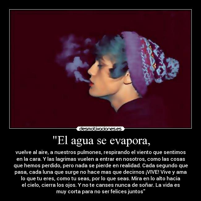 El agua se evapora, - vuelve al aire, a nuestros pulmones, respirando el viento que sentimos
en la cara. Y las lagrimas vuelen a entrar en nosotros, como las cosas
que hemos perdido, pero nada se pierde en realidad. Cada segundo que
pasa, cada luna que surge no hace mas que decirnos ¡VIVE! Vive y ama
lo que tu eres, como tu seas, por lo que seas. Mira en lo alto hacia
el cielo, cierra los ojos. Y no te canses nunca de soñar. La vida es
muy corta para no ser felices juntos