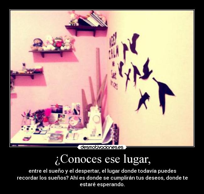 ¿Conoces ese lugar, - entre el sueño y el despertar, el lugar donde todavía puedes
recordar los sueños? Ahí es donde se cumplirán tus deseos, donde te
estaré esperando.