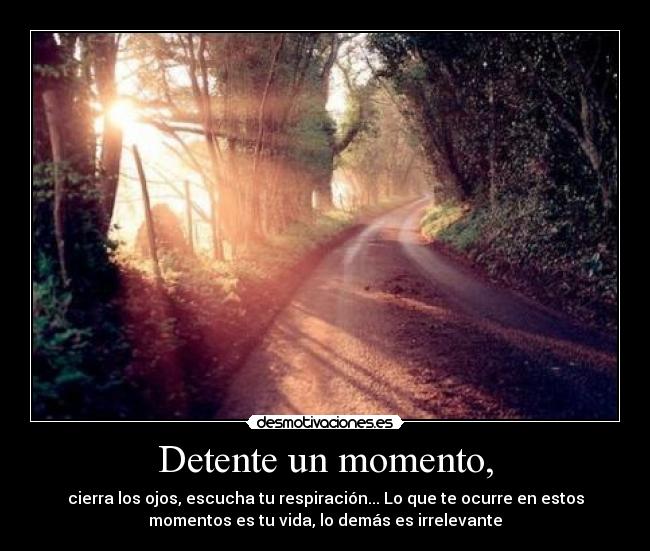 Detente un momento, - cierra los ojos, escucha tu respiración... Lo que te ocurre en estos
momentos es tu vida, lo demás es irrelevante