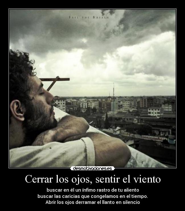 Cerrar los ojos, sentir el viento - buscar en él un ínfimo rastro de tu aliento
buscar las caricias que congelamos en el tiempo.
Abrir los ojos derramar el llanto en silencio
