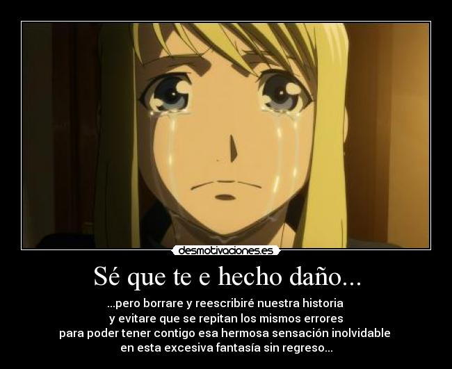 Sé que te e hecho daño... - ...pero borrare y reescribiré nuestra historia 
y evitare que se repitan los mismos errores
para poder tener contigo esa hermosa sensación inolvidable 
en esta excesiva fantasía sin regreso...