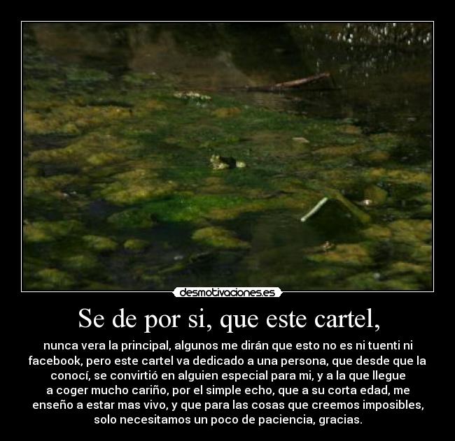 Se de por si, que este cartel, - nunca vera la principal, algunos me dirán que esto no es ni tuenti ni
facebook, pero este cartel va dedicado a una persona, que desde que la
conocí, se convirtió en alguien especial para mi, y a la que llegue
a coger mucho cariño, por el simple echo, que a su corta edad, me
enseño a estar mas vivo, y que para las cosas que creemos imposibles,
solo necesitamos un poco de paciencia, gracias.