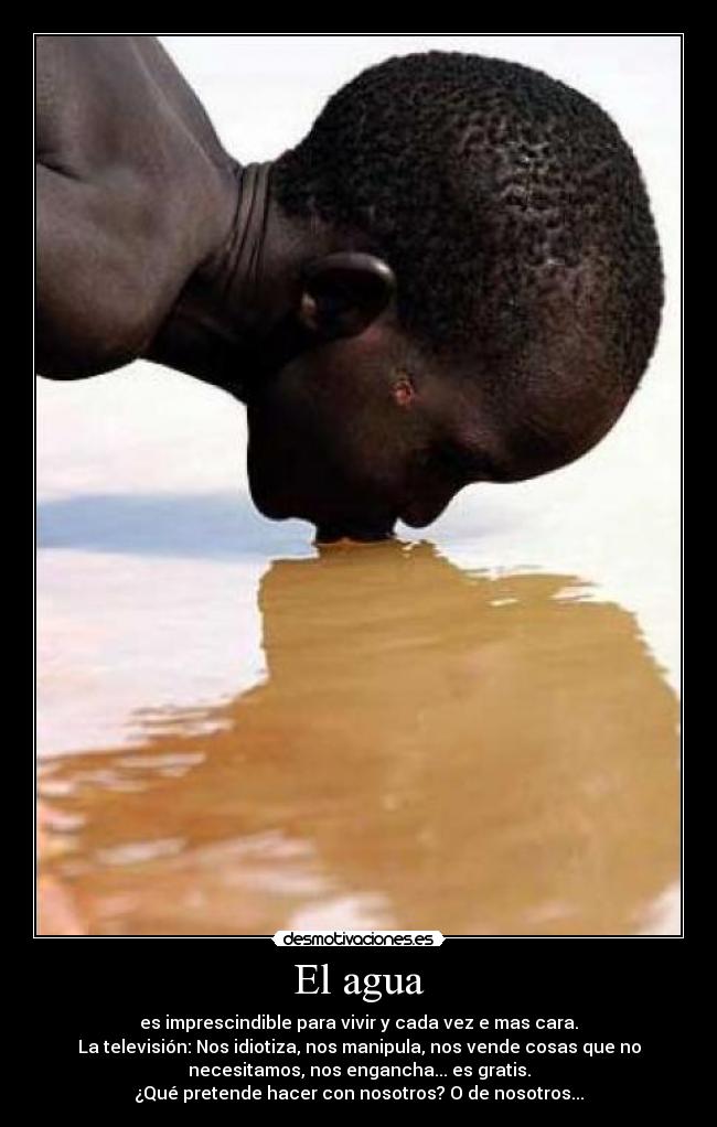 El agua - es imprescindible para vivir y cada vez e mas cara.
La televisión: Nos idiotiza, nos manipula, nos vende cosas que no
necesitamos, nos engancha... es gratis.
¿Qué pretende hacer con nosotros? O de nosotros...