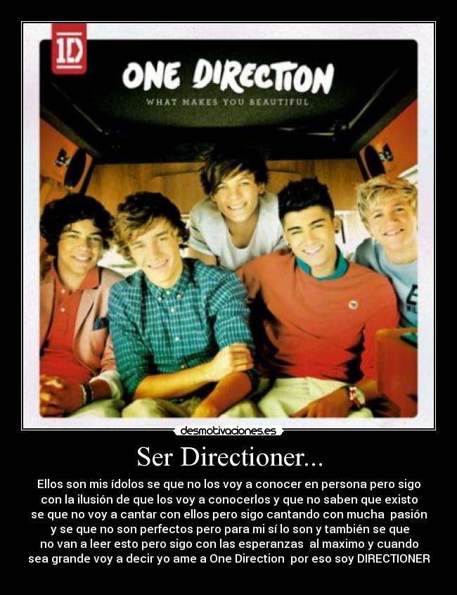 Ser Directioner... - Ellos son mis ídolos se que no los voy a conocer en persona pero sigo
con la ilusión de que los voy a conocerlos y que no saben que existo
se que no voy a cantar con ellos pero sigo cantando con mucha pasión
y se que no son perfectos pero para mi sí lo son y también se que
no van a leer esto pero sigo con las esperanzas al maximo y cuando
sea grande voy a decir yo ame a One Direction por eso soy DIRECTIONER