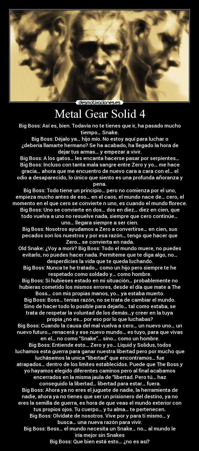 carteles big boss old snake otacon mea encima gray fox olvida metal gear rato raiden desmotivaciones