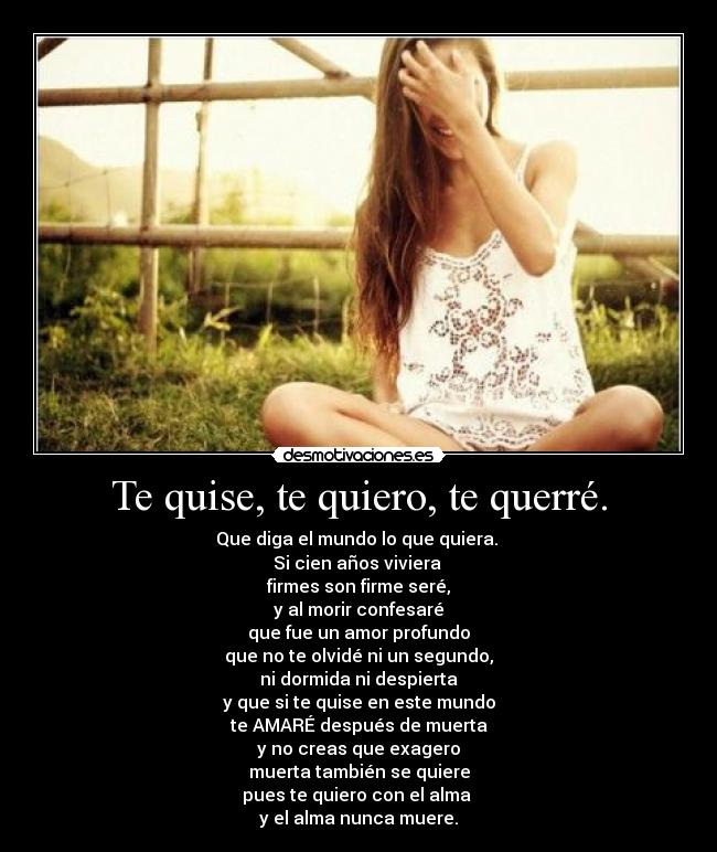 Te quise, te quiero, te querré. - Que diga el mundo lo que quiera.
Si cien años viviera
firmes son firme seré,
y al morir confesaré
que fue un amor profundo
que no te olvidé ni un segundo,
ni dormida ni despierta
y que si te quise en este mundo
te AMARÉ después de muerta
y no creas que exagero
muerta también se quiere
pues te quiero con el alma
y el alma nunca muere.