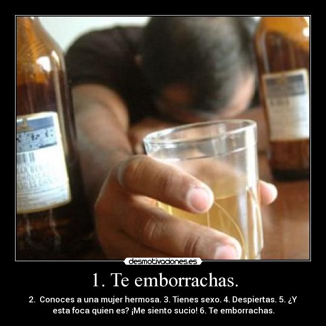 1. Te emborrachas. - 2.  Conoces a una mujer hermosa. 3. Tienes sexo. 4. Despiertas. 5. ¿Y
esta foca quien es? ¡Me siento sucio! 6. Te emborrachas.