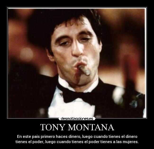TONY MONTANA - En este pais primero haces dinero, luego cuando tienes el dinero
tienes el poder, luego cuando tienes el poder tienes a las mujeres.