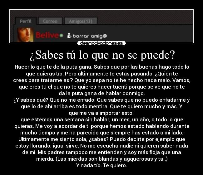 ¿Sabes tú lo que no se puede? - Hacer lo que te de la puta gana. Sabes que por las buenas hago todo lo
que quieras tío. Pero últimamente te estás pasando. ¿Quién te
crees para tratarme así? Que yo sepa no te he hecho nada malo. Vamos,
que eres tú el que no te quieres hacer tuenti porque se ve que no te
da la puta gana de hablar conmigo.
¿Y sabes qué? Que no me enfado. Que sabes que no puedo enfadarme y
que lo de ahí arriba es todo mentira. Que te quiero mucho y más. Y
que me va a importar esto: 
que estemos una semana sin hablar, un mes, un año, o todo lo que
quieras. Me voy a acordar de ti porque hemos estado hablando durante
mucho tiempo y me ha parecido que siempre has estado a mi lado.
Ultimamente me siento sola, ¿sabes? Puedo decirte por ejemplo que
estoy llorando, igual sirve. No me escucha nadie ni quieren saber nada
de mi. Mis padres tampoco me entienden y soy más floja que una
mierda. (Las mierdas son blandas y agquerosas y tal.)
Y nada tío. Te quiero.