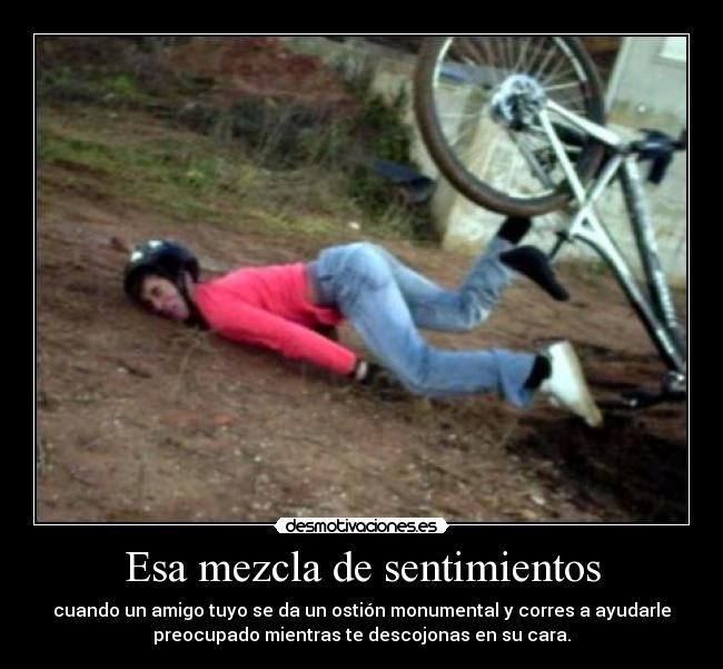 Esa mezcla de sentimientos - cuando un amigo tuyo se da un ostión monumental y corres a ayudarle
preocupado mientras te descojonas en su cara.