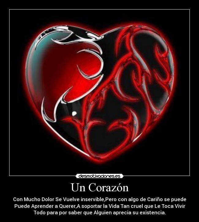 Un Corazón - Con Mucho Dolor Se Vuelve inservible,Pero con algo de Cariño se puede
Puede Aprender a Querer,A soportar la Vida Tan cruel que Le Toca Vivir
Todo para por saber que Alguien aprecia su existencia.