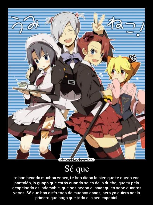 Sé que - te han besado muchas veces, te han dicho lo bien que te queda ese
pantalón, lo guapo que estás cuando sales de la ducha, que tu pelo
despeinado es indomable, que has hecho el amor quien sabe cuantas
veces. Sé que has disfrutado de muchas cosas, pero yo quiero ser la
primera que haga que todo ello sea especial.