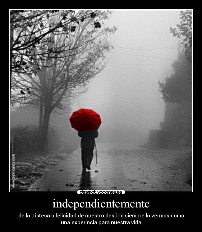 independientemente - de la tristesa o felicidad de nuestro destino siempre lo vermos como
una experincia para nuestra vida