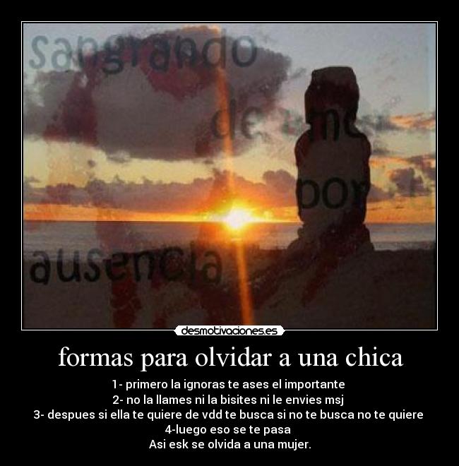 formas para olvidar a una chica - 1- primero la ignoras te ases el importante 
2- no la llames ni la bisites ni le envies msj 
3- despues si ella te quiere de vdd te busca si no te busca no te quiere 
4-luego eso se te pasa 
Asi esk se olvida a una mujer.