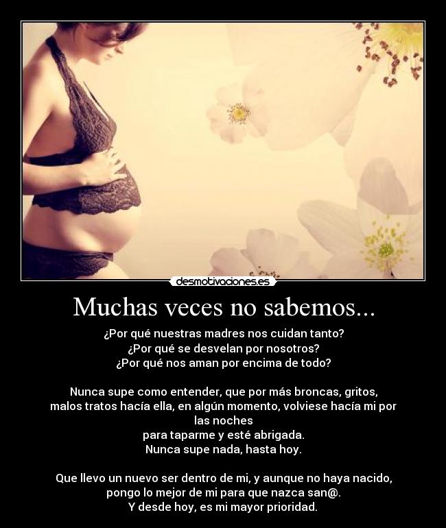 Muchas veces no sabemos... - ¿Por qué nuestras madres nos cuidan tanto?
¿Por qué se desvelan por nosotros?
¿Por qué nos aman por encima de todo?

Nunca supe como entender, que por más broncas, gritos,
malos tratos hacía ella, en algún momento, volviese hacía mi por las noches
para taparme y esté abrigada.
Nunca supe nada, hasta hoy.

Que llevo un nuevo ser dentro de mi, y aunque no haya nacido,
pongo lo mejor de mi para que nazca san@.
Y desde hoy, es mi mayor prioridad.