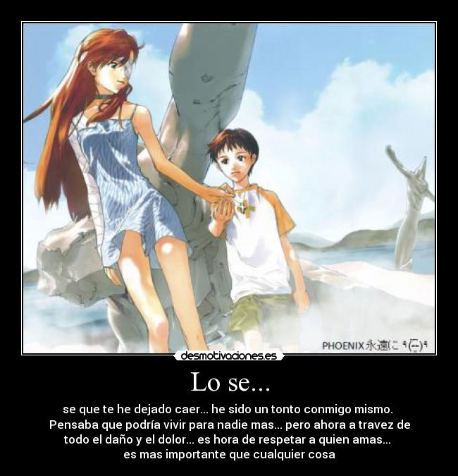 Lo se... - se que te he dejado caer... he sido un tonto conmigo mismo.
Pensaba que podría vivir para nadie mas... pero ahora a travez de
todo el daño y el dolor... es hora de respetar a quien amas...
es mas importante que cualquier cosa