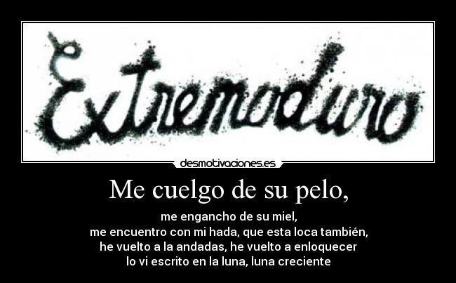 Me cuelgo de su pelo, - me engancho de su miel,
me encuentro con mi hada, que esta loca también,
he vuelto a la andadas, he vuelto a enloquecer
lo vi escrito en la luna, luna creciente