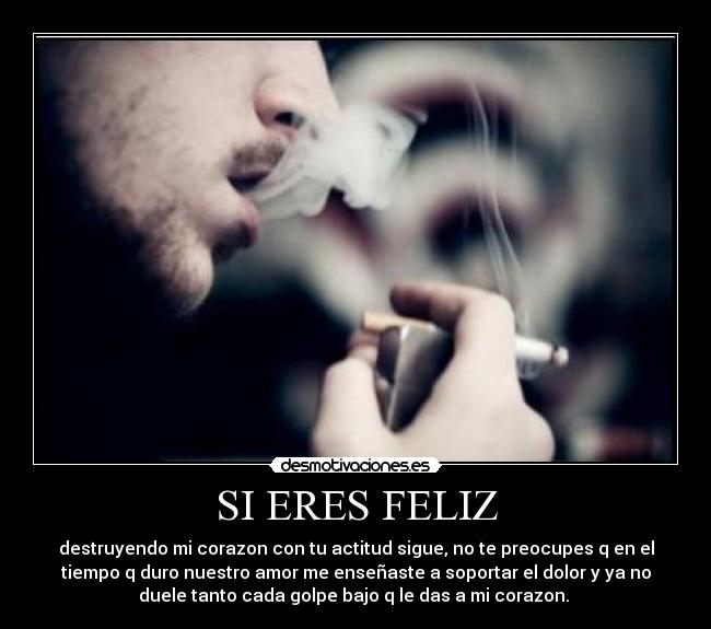 SI ERES FELIZ - destruyendo mi corazon con tu actitud sigue, no te preocupes q en el
tiempo q duro nuestro amor me enseñaste a soportar el dolor y ya no
duele tanto cada golpe bajo q le das a mi corazon. 