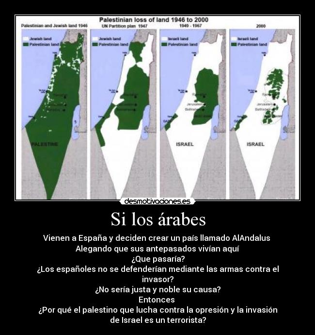 Si los árabes - Vienen a España y deciden crear un país llamado AlAndalus
Alegando que sus antepasados vivían aquí
¿Que pasaría?
¿Los españoles no se defenderían mediante las armas contra el
invasor?
¿No sería justa y noble su causa?
Entonces
¿Por qué el palestino que lucha contra la opresión y la invasión
de Israel es un terrorista?