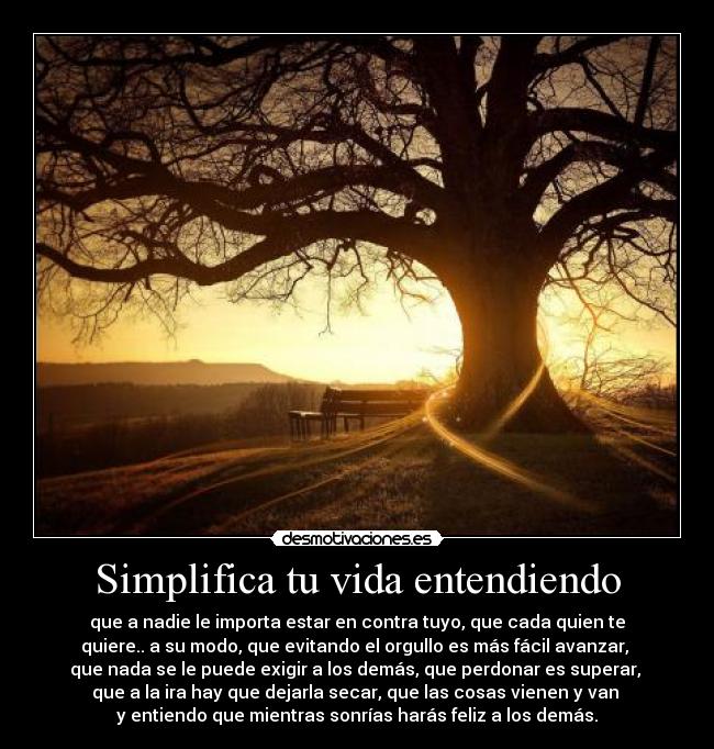 Simplifica tu vida entendiendo - que a nadie le importa estar en contra tuyo, que cada quien te
quiere.. a su modo, que evitando el orgullo es más fácil avanzar,
que nada se le puede exigir a los demás, que perdonar es superar,
que a la ira hay que dejarla secar, que las cosas vienen y van
y entiendo que mientras sonrías harás feliz a los demás.
