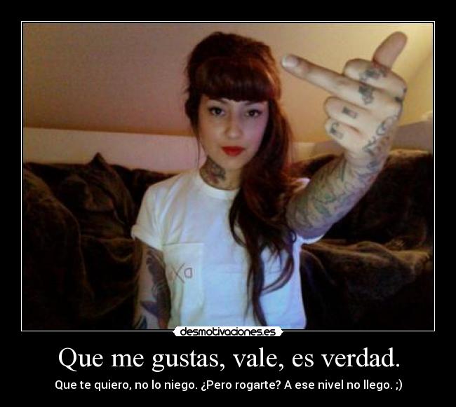 Que me gustas, vale, es verdad. - Que te quiero, no lo niego. ¿Pero rogarte? A ese nivel no llego. ;)