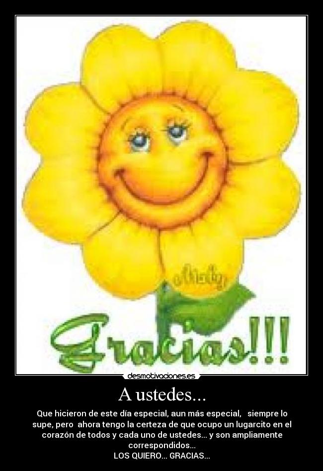 A ustedes... - Que hicieron de este día especial, aun más especial, siempre lo
supe, pero ahora tengo la certeza de que ocupo un lugarcito en el
corazón de todos y cada uno de ustedes... y son ampliamente
correspondidos...
LOS QUIERO... GRACIAS...