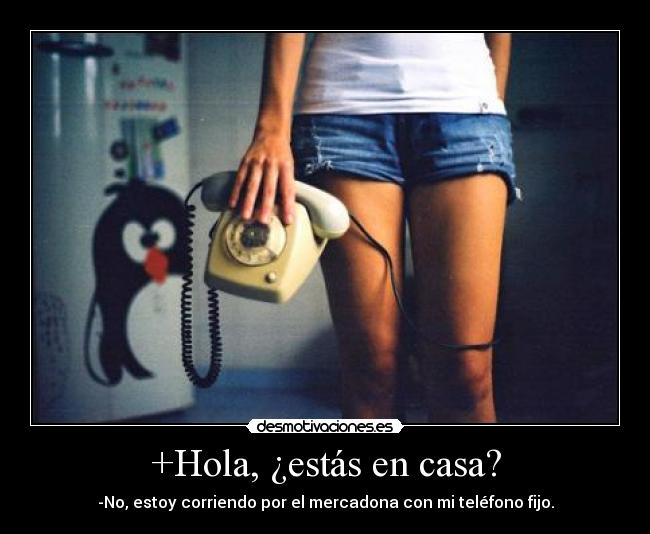 +Hola, ¿estás en casa? - -No, estoy corriendo por el mercadona con mi teléfono fijo.