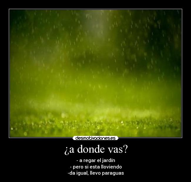 ¿a donde vas? - - a regar el jardín
- pero si esta lloviendo
-da igual, llevo paraguas