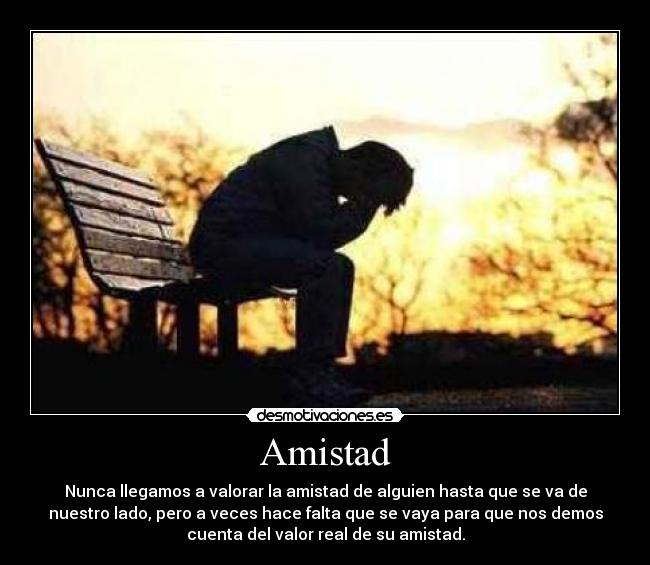 Amistad - Nunca llegamos a valorar la amistad de alguien hasta que se va de
nuestro lado, pero a veces hace falta que se vaya para que nos demos
cuenta del valor real de su amistad.