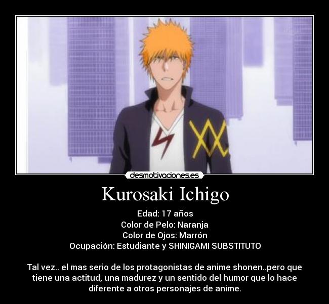 Kurosaki Ichigo - Edad: 17 años
Color de Pelo: Naranja
Color de Ojos: Marrón
Ocupación: Estudiante y SHINIGAMI SUBSTITUTO
Tal vez.. el mas serio de los protagonistas de anime shonen..pero que
tiene una actitud, una madurez y un sentido del humor que lo hace
diferente a otros personajes de anime.