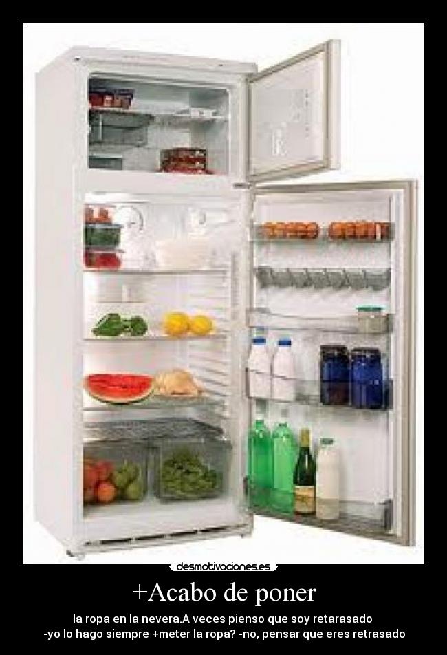 +Acabo de poner - la ropa en la nevera.A veces pienso que soy retarasado 
-yo lo hago siempre +meter la ropa? -no, pensar que eres retrasado