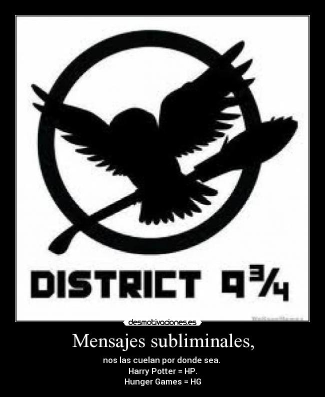 Mensajes subliminales, - nos las cuelan por donde sea. 
Harry Potter = HP.
Hunger Games = HG