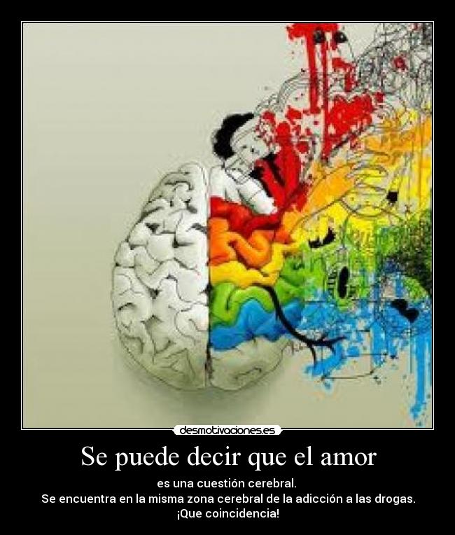 Se puede decir que el amor - es una cuestión cerebral. 
Se encuentra en la misma zona cerebral de la adicción a las drogas.
¡Que coincidencia!