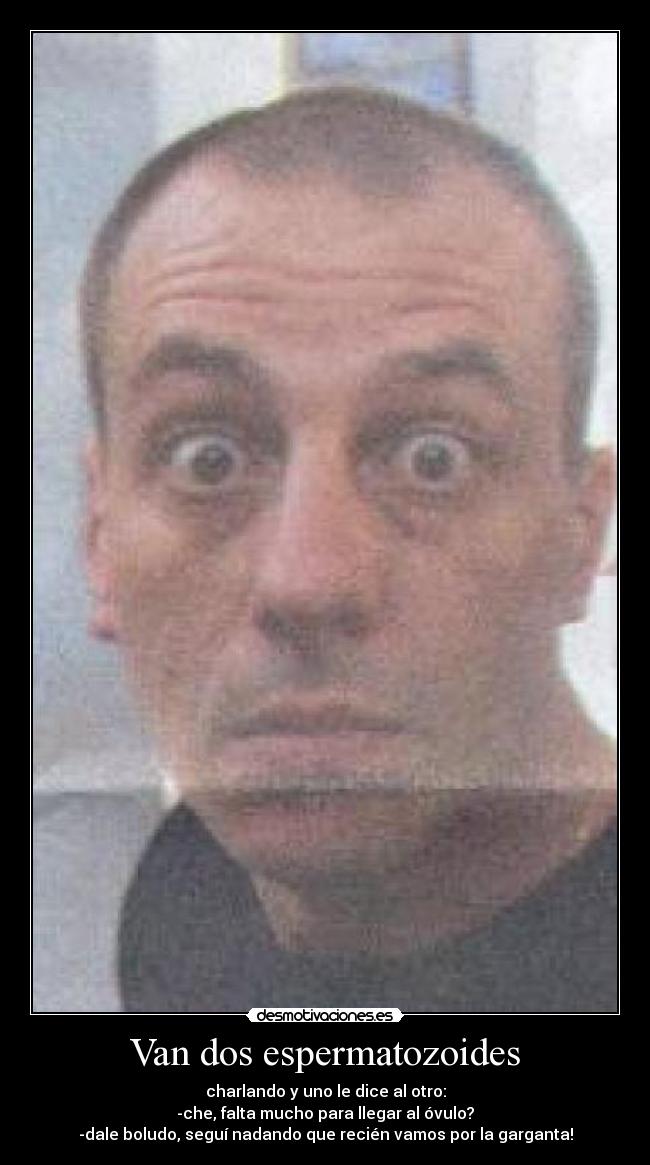 Van dos espermatozoides - charlando y uno le dice al otro:
-che, falta mucho para llegar al óvulo?
-dale boludo, seguí nadando que recién vamos por la garganta!
