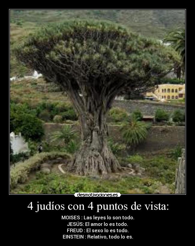 4 judíos con 4 puntos de vista: - MOISES : Las leyes lo son todo.
JESÚS: El amor lo es todo.
FREUD : El sexo lo es todo.
EINSTEIN : Relativo, todo lo es.