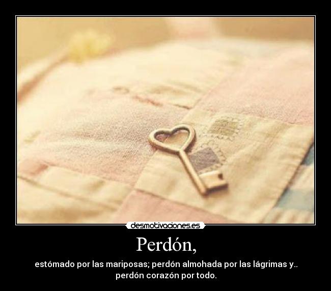 Perdón, - estómado por las mariposas; perdón almohada por las lágrimas y..
perdón corazón por todo.