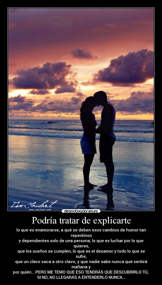 Podría tratar de explicarte - lo que es enamorarse, a qué se deben esos cambios de humor tan repentinos
y dependientes solo de una persona, lo que es luchar por lo que quieres,
que los sueños se cumplen, lo que es el desamor y todo lo que se sufre,
que un clavo saca a otro clavo, y que nadie sabe nunca qué sentirá mañana y
por quién... PERO ME TEMO QUE ESO TENDRÁS QUE DESCUBRIRLO TÚ, 
SI NO, NO LLEGARÁS A ENTENDERLO NUNCA...