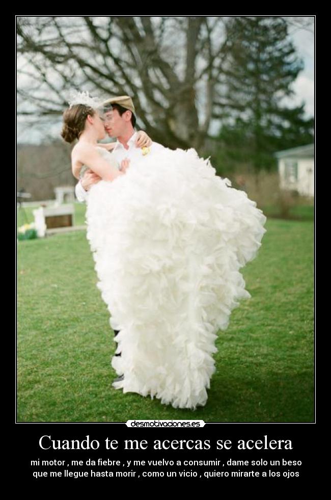Cuando te me acercas se acelera - mi motor , me da fiebre , y me vuelvo a consumir , dame solo un beso
que me llegue hasta morir , como un vicio , quiero mirarte a los ojos
♥